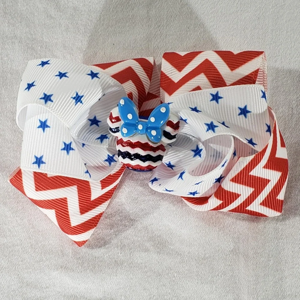 American Flag 4th of July Patriotic 2 Disney & 1 Heart Girls Bows Hair Clips 3Pk
